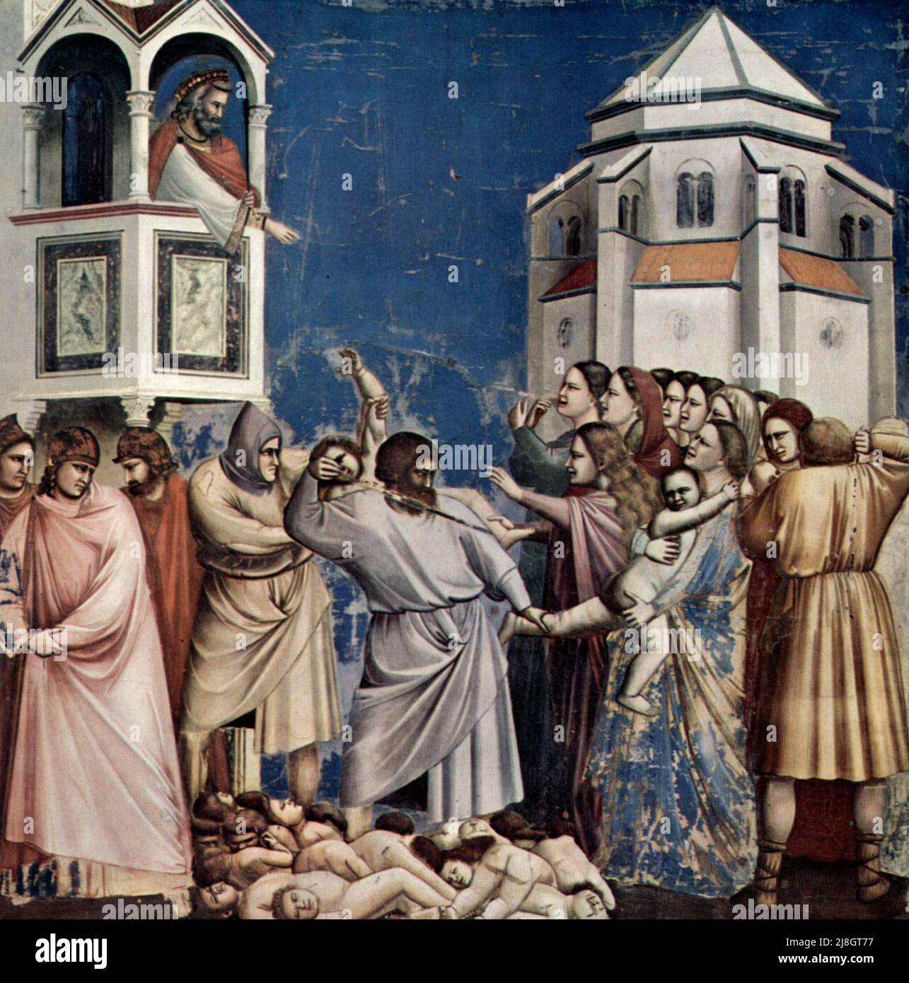 The Massacre of the Innocents  by Giotto. In this christian myth, the Three Magi asked where to find the newborn 'King of the Jews'. The Roman ruler Herod felt his position threatened amd ordered the murder of all baby boys. The father of Jesus was warned in a rea, of the event and was advised to go to Egypt, in the episode known as The Flight Into Egypt. Stock Photo