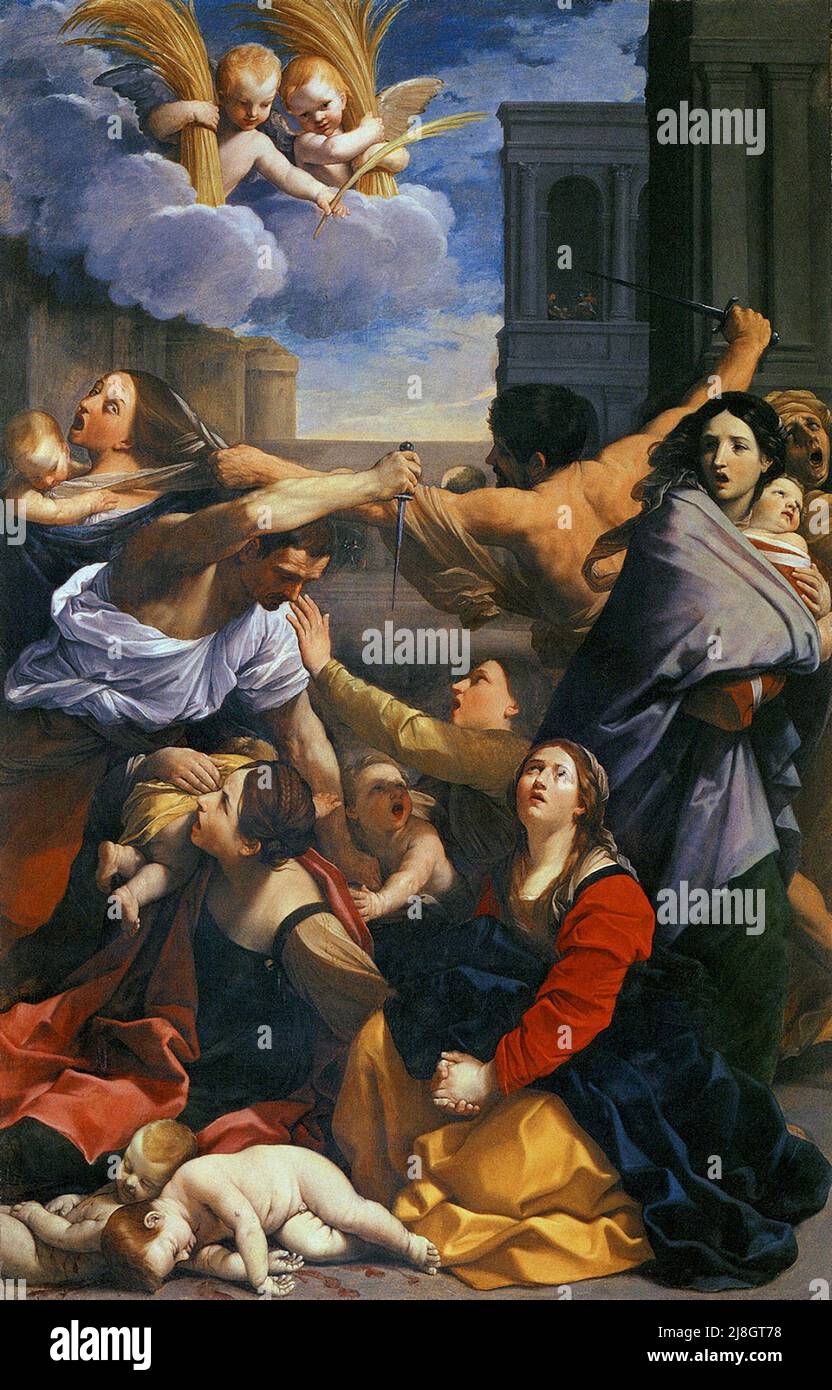 The Massacre of the Innocents  by Guido Reni. In this christian myth, the Three Magi asked where to find the newborn 'King of the Jews'. The Roman ruler Herod felt his position threatened amd ordered the murder of all baby boys. The father of Jesus was warned in a rea, of the event and was advised to go to Egypt, in the episode known as The Flight Into Egypt. Stock Photo