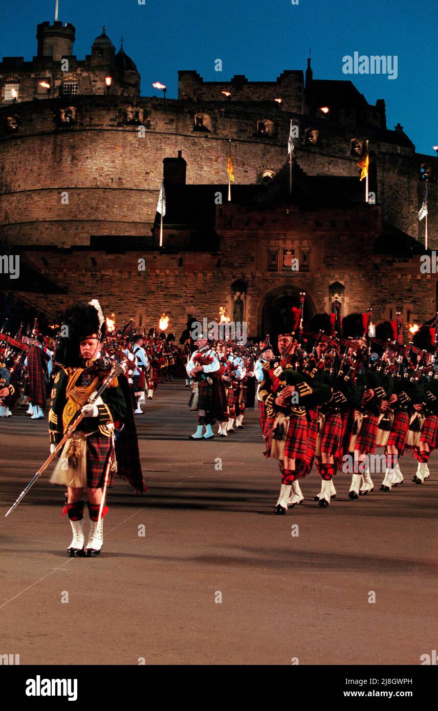 The Massed Pipes at the 1996 Edinburgh Military Tattoo on the esplanade of Edinburgh Castle, performed from 2nd to 24th August. Stock Photo