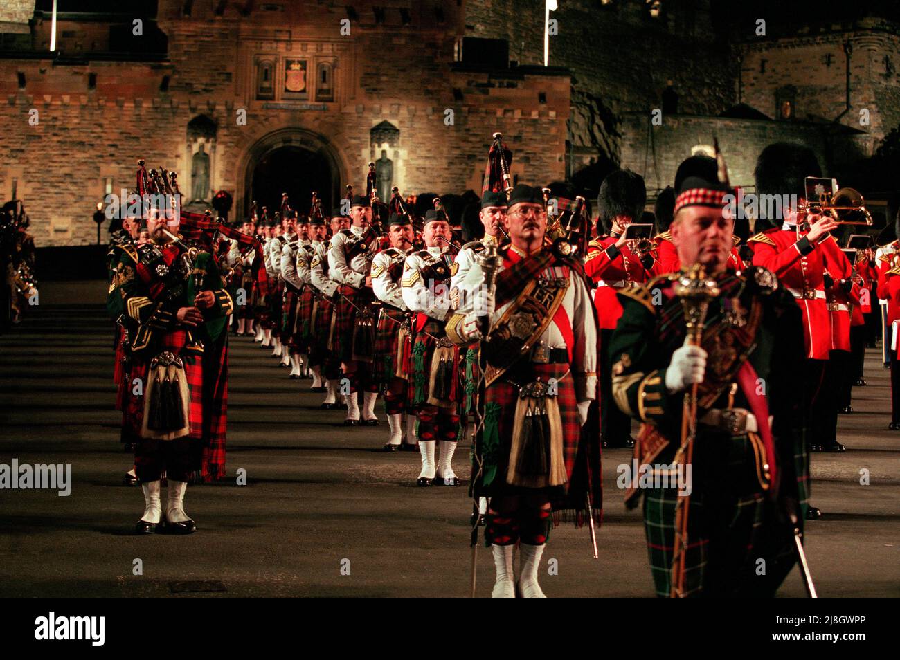 The Massed Pipes at the 1996 Edinburgh Military Tattoo on the esplanade of Edinburgh Castle, performed from 2nd to 24th August. Stock Photo