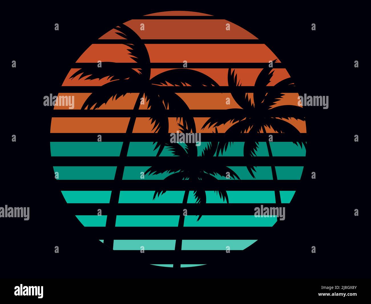 Palm trees against the backdrop of a retro sun in the style of the 80s ...
