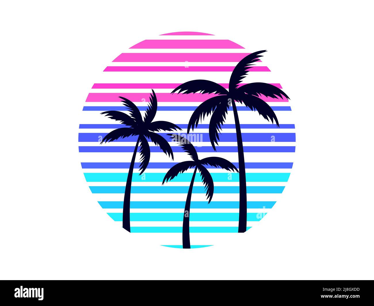 Outlines of palm trees and retro sun in 80s style isolated on white