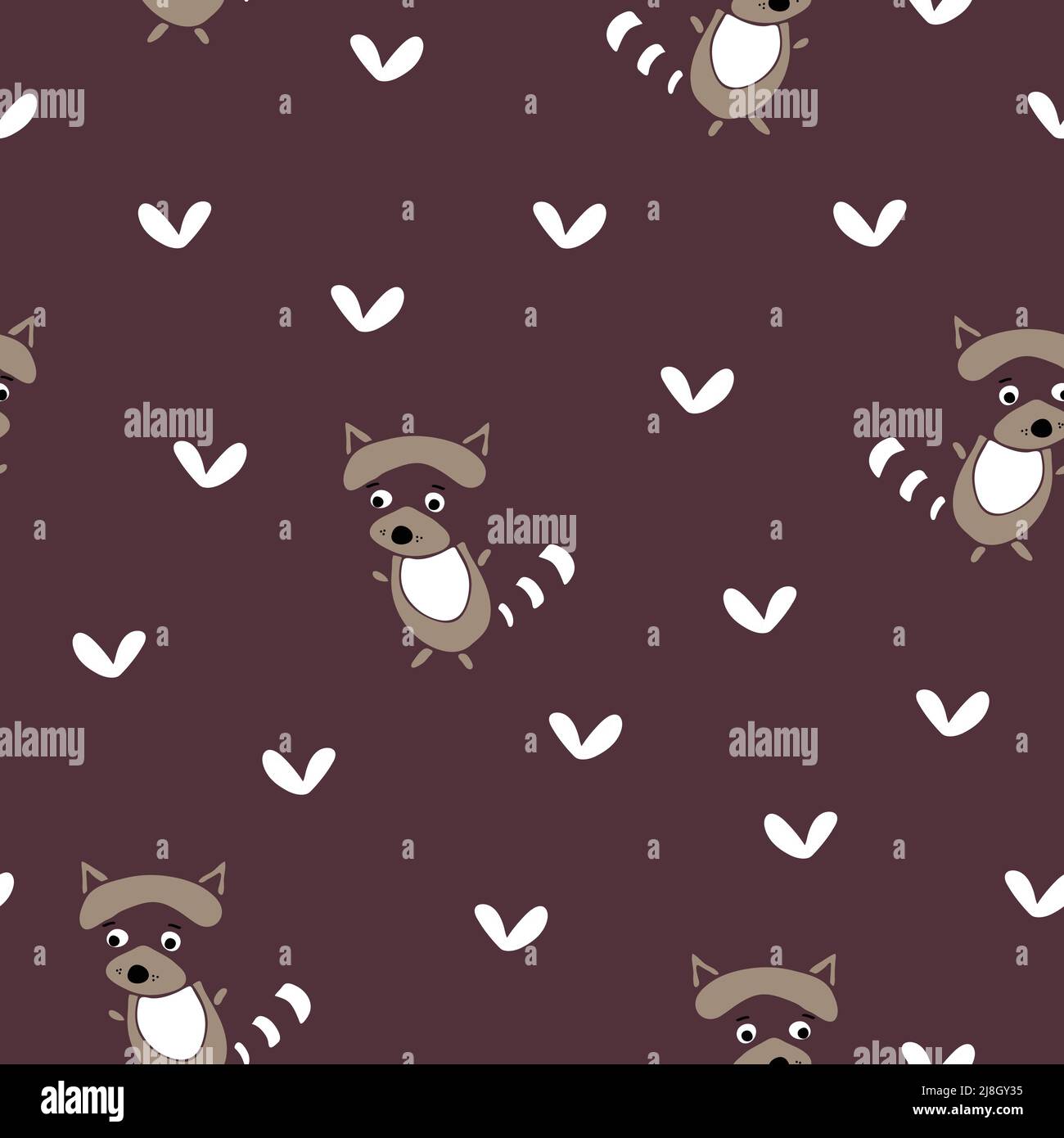 Seamless vector pattern with raccoons and love hearts on purple ...