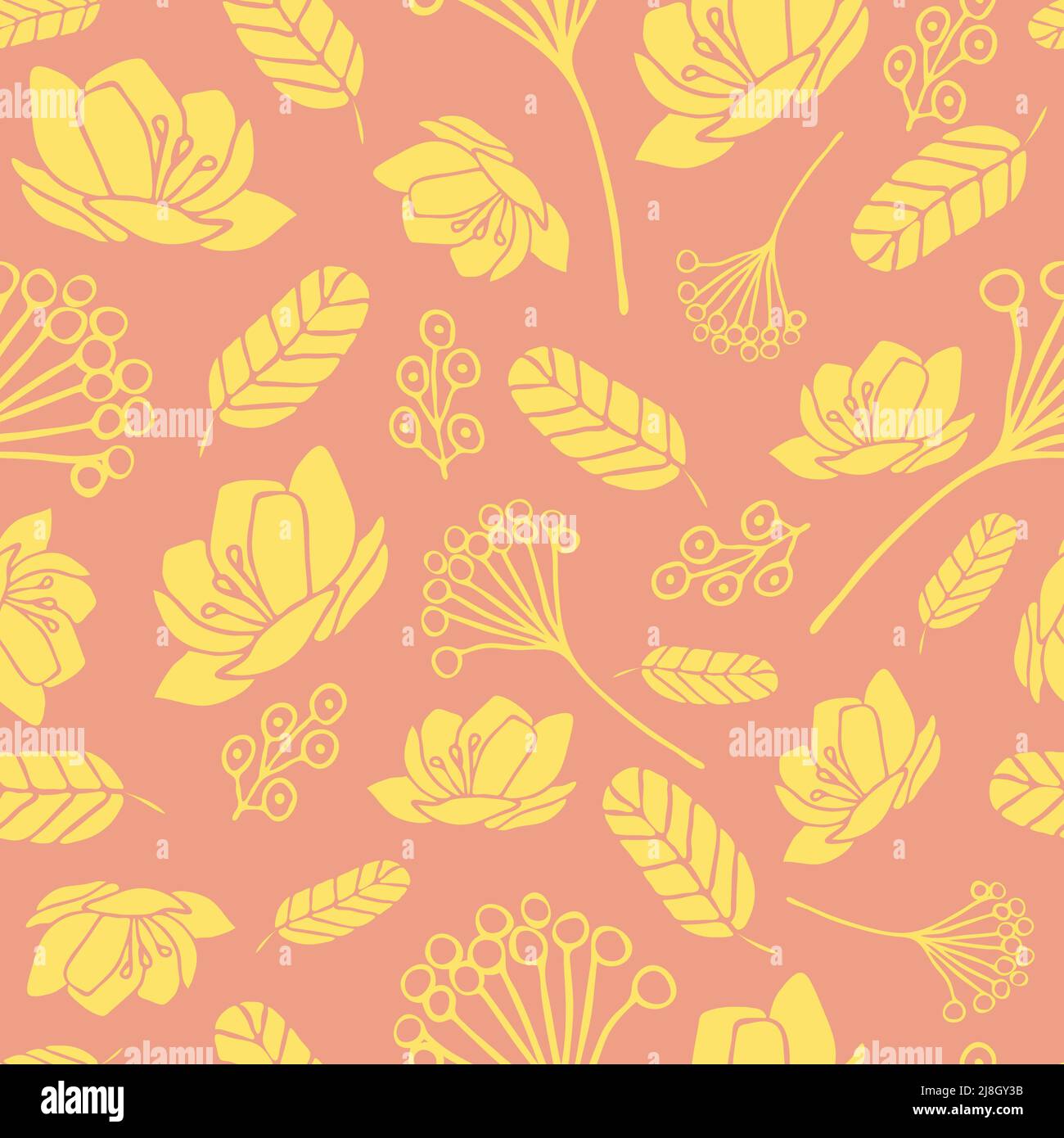 Seamless vector pattern with yellow flowers and leaves on light pink ...
