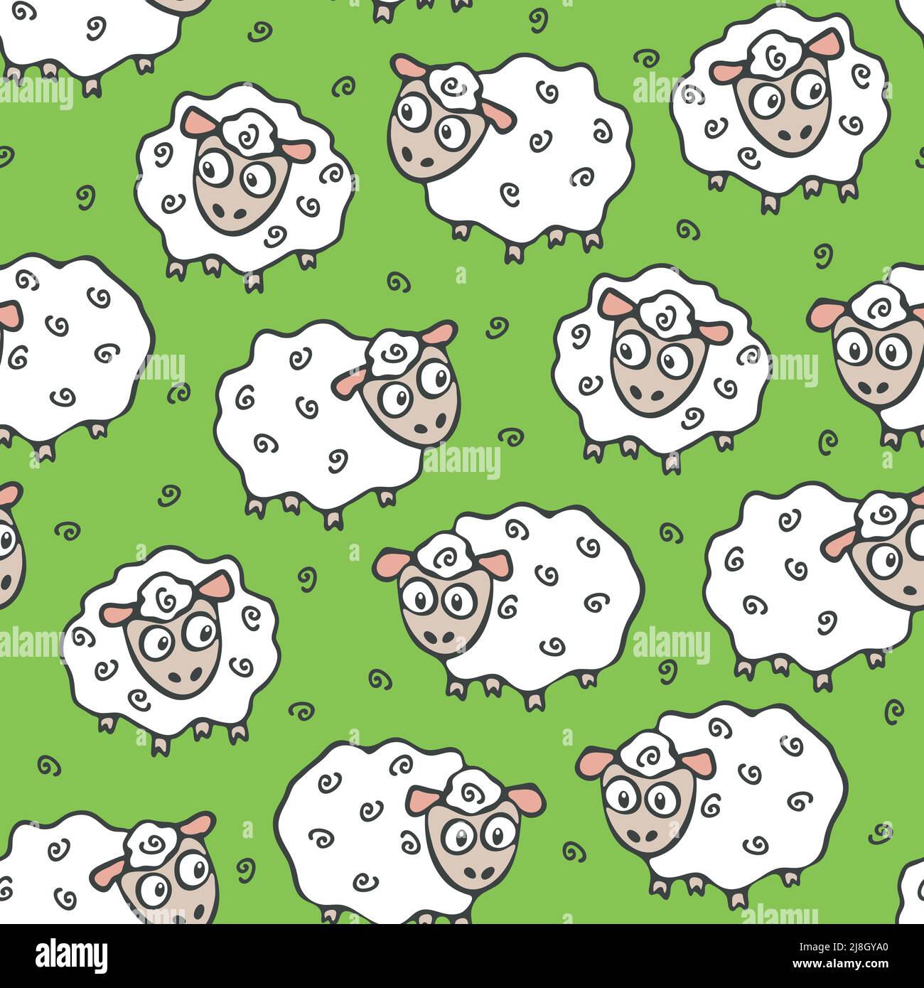 Seamless vector pattern with sheep on green background. Cartoon animal wallpaper design with lamb. Ideal for children fashion, textile, fabric. Stock Vector
