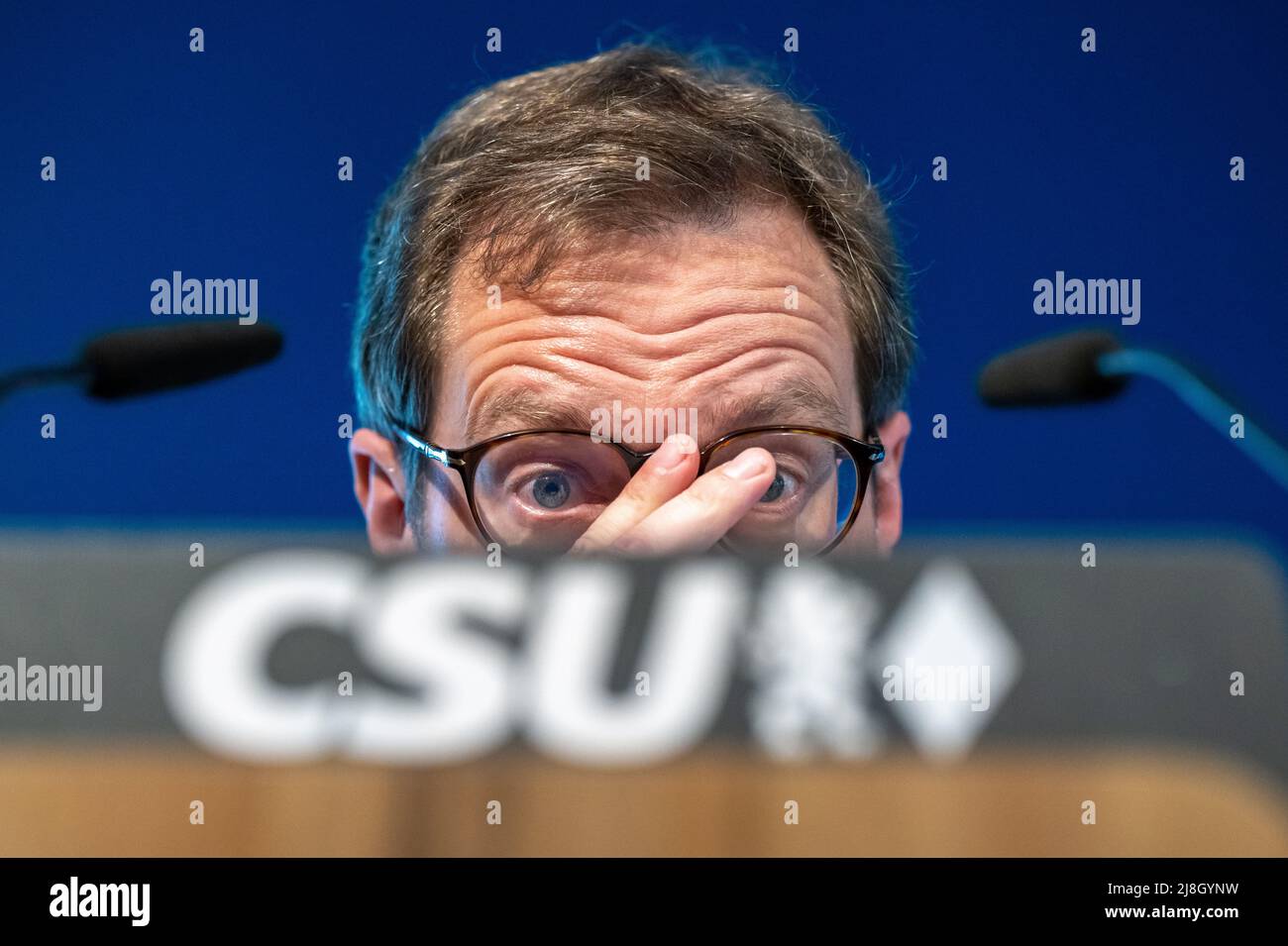 Munich, Germany. 16th May, 2022. Martin Huber, CSU Secretary General, attends a final press conference after a face-to-face meeting of the CSU Executive Board at the CSU state headquarters. Credit: Peter Kneffel/dpa/Alamy Live News Stock Photo