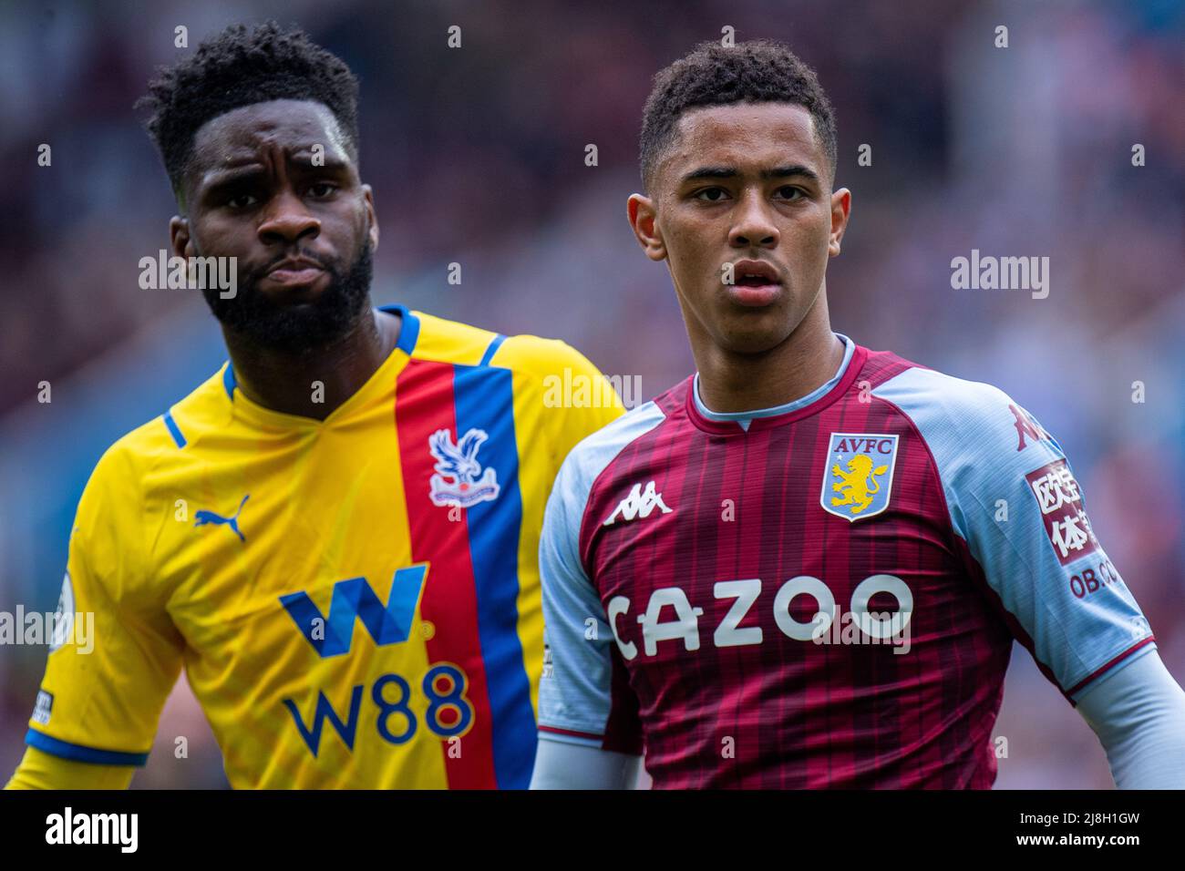 BIRMINGHAM, ENGLAND - MAY 15: Odsonne Édouard of Crystal Palace and Jacob Ramsey of Aston Villa looks on during the Premier League match between Aston Stock Photo