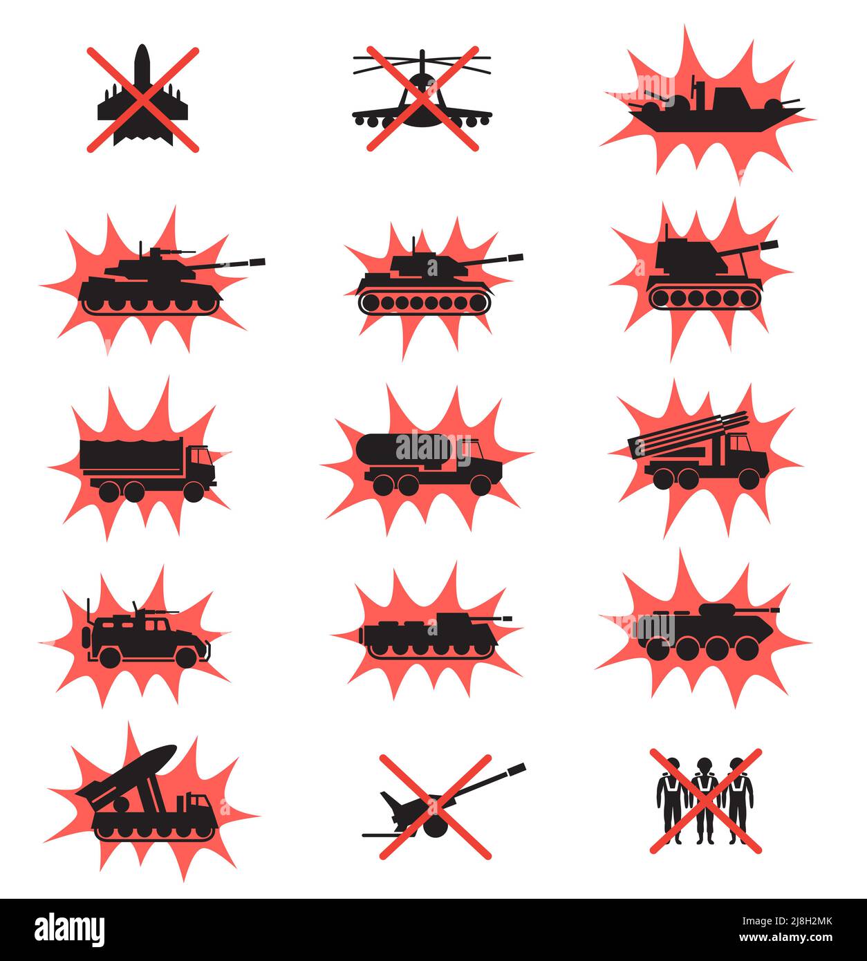 destroyed military war transport icon sign set Stock Vector