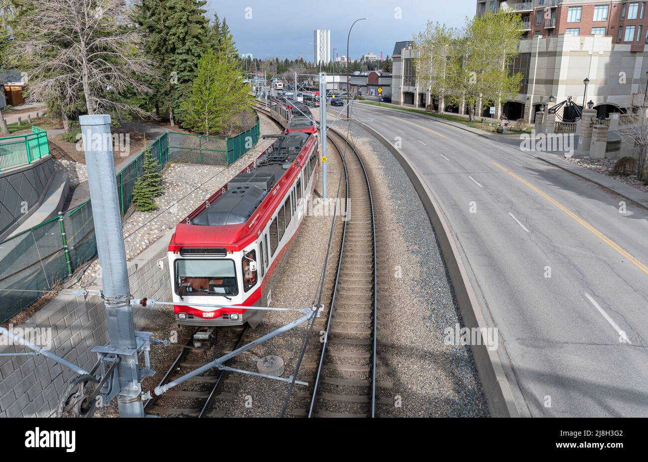 Calgary, Alberta, Canada May 13, 2022 An aerial view of a light rail
