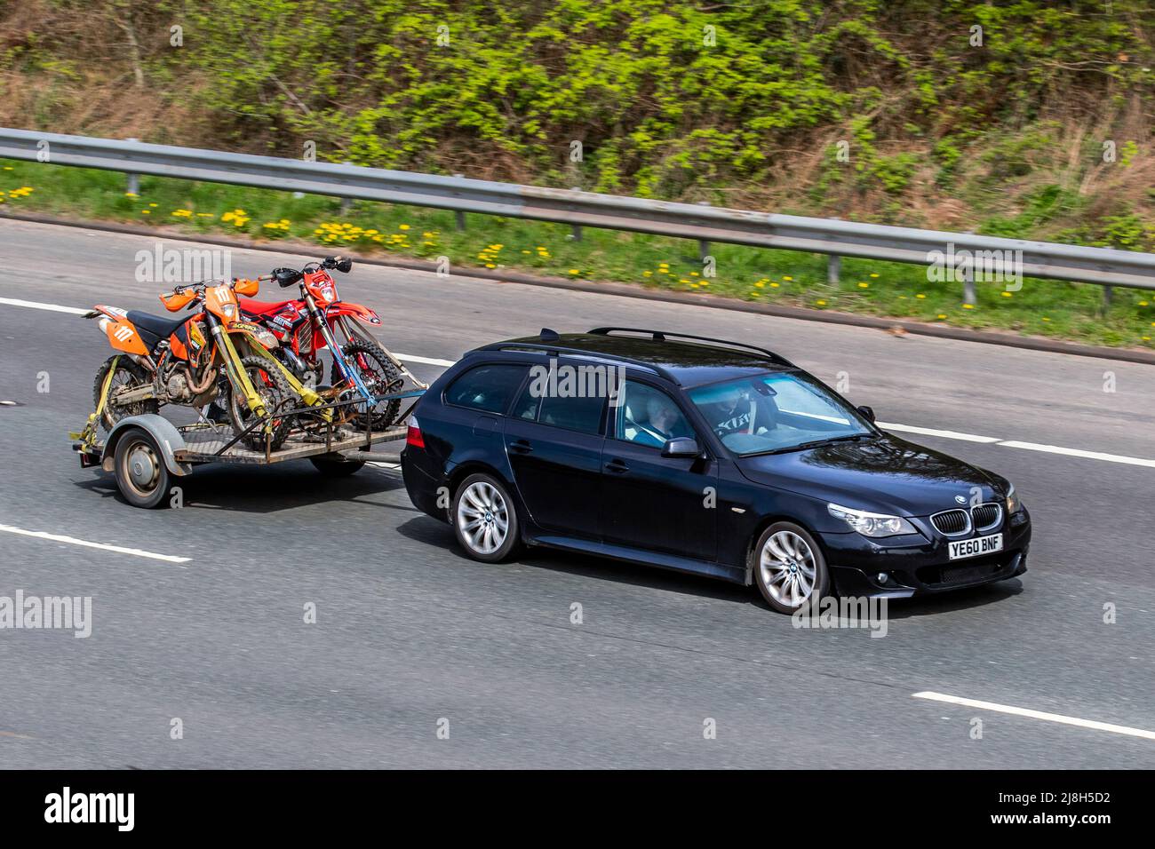 Scrambler Bikes on trailer being towed by 2010 BMW 535D SE TOURING 4dr ...