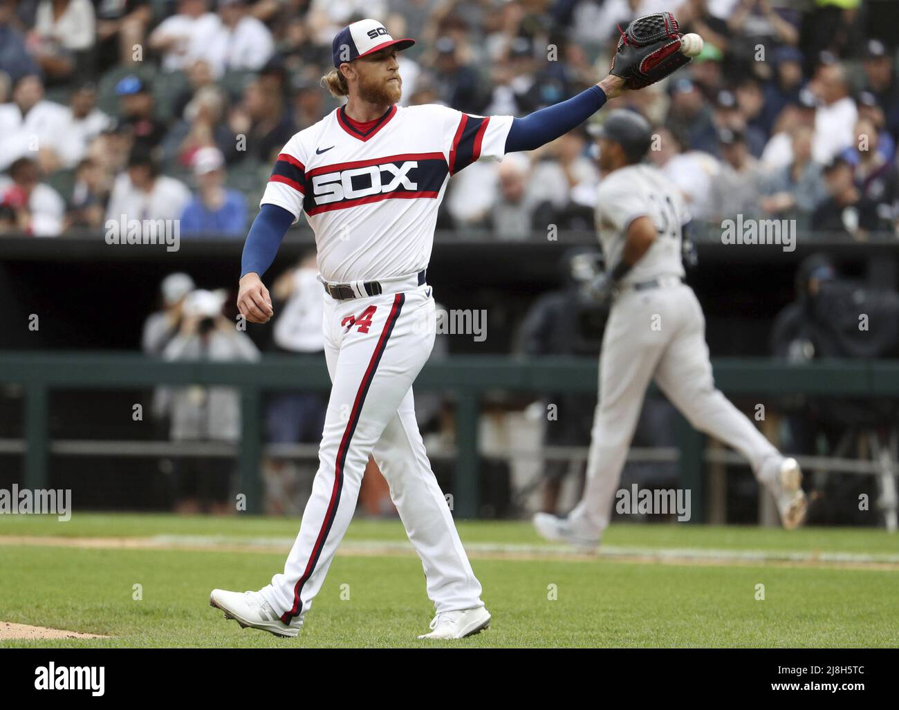 USA. 15th May, 2022. Chicago White Sox starting pitcher Michael Kopech (34)  struggles through the second inning as he walks home a run Sunday, May 15,  2022, at Guaranteed Rate Field in