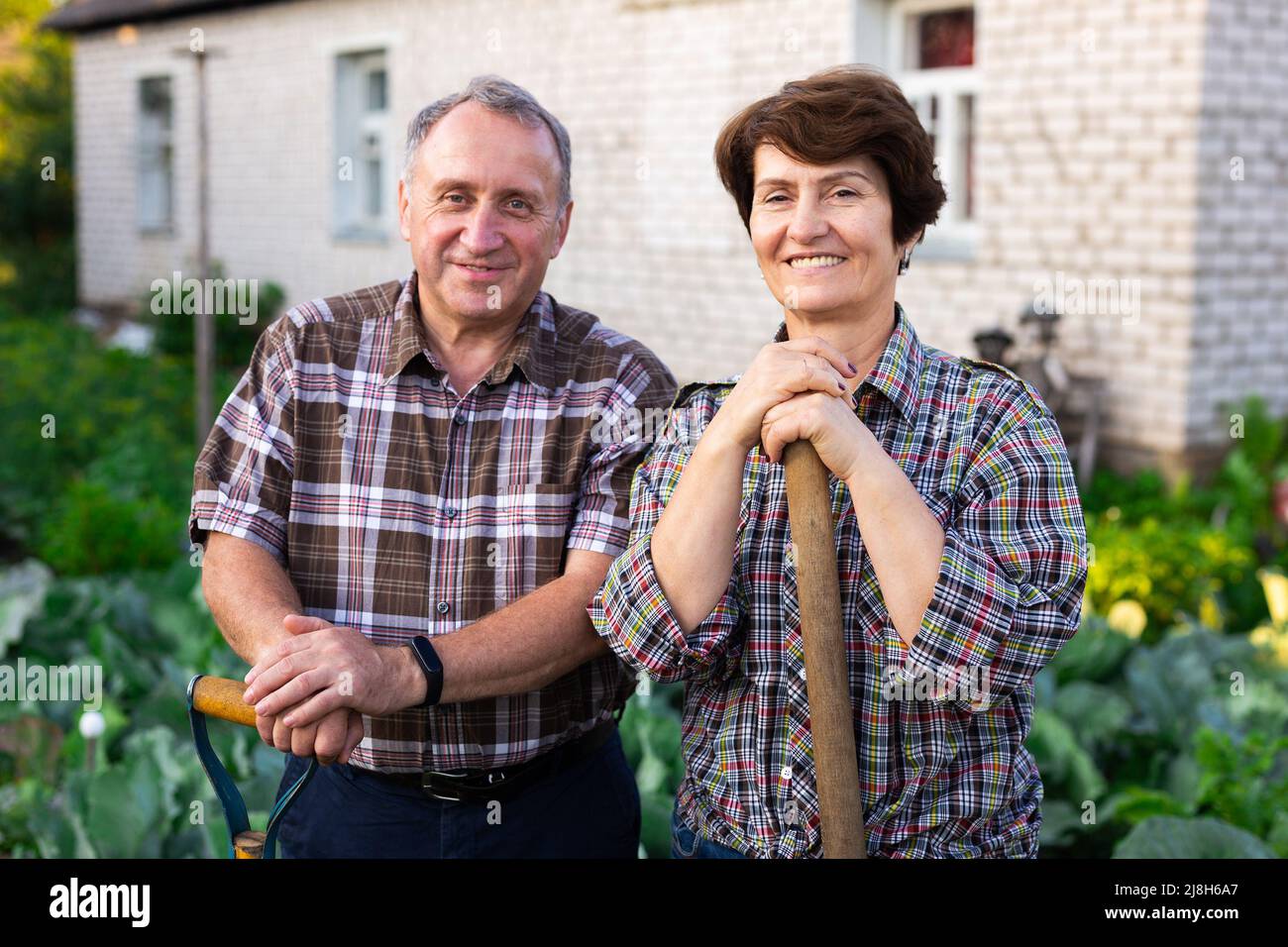 mature farmers posing with a harvest of vegetables in the garden Stock ...
