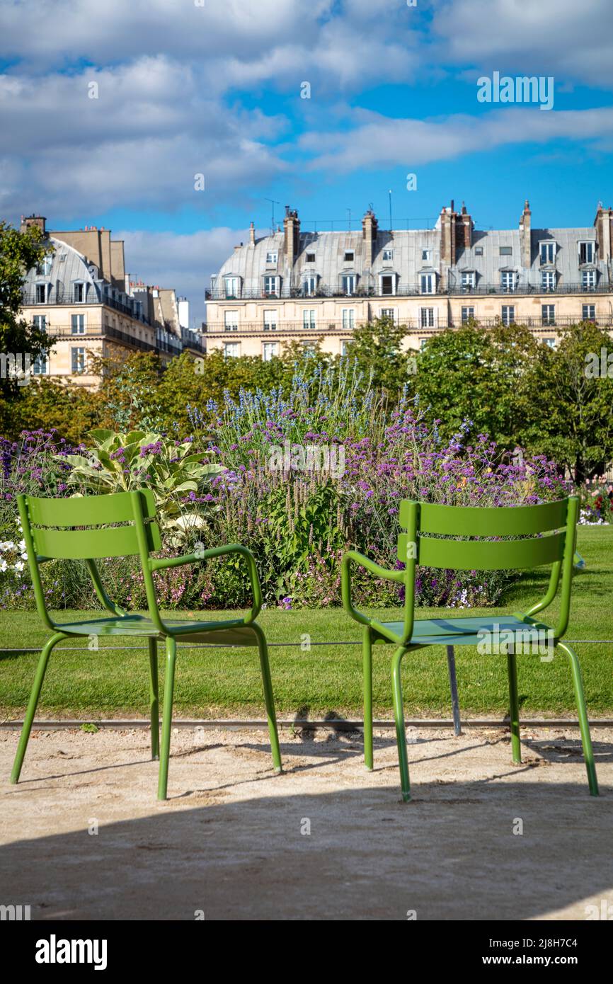 Two park chairs in Jadin des Tuileries, Paris, Ile-de-France, France Stock Photo