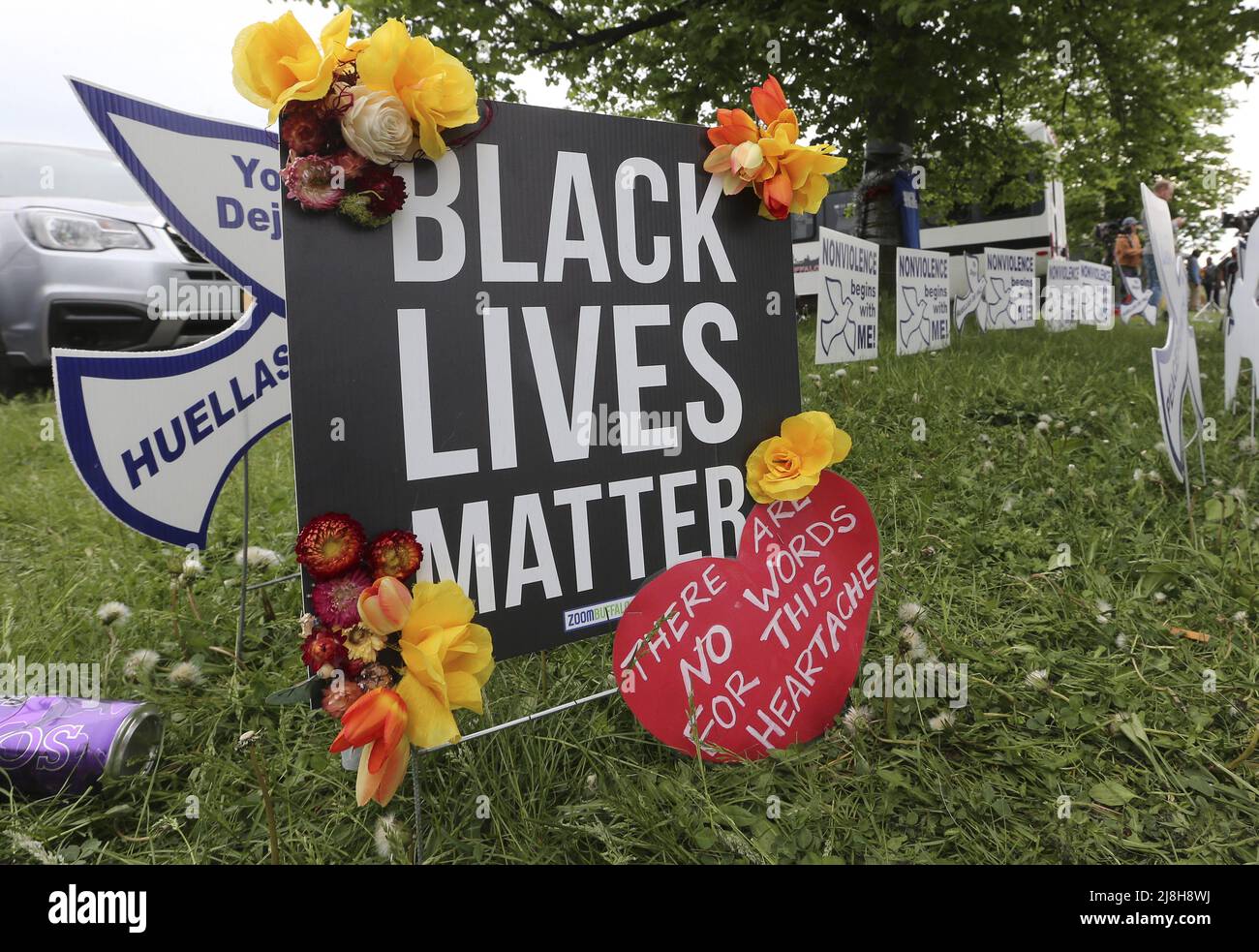 Buffalo, United States. 16th May, 2022. A Black Lives Matter sign is placed near the site of a mass shooting on Saturday afternoon at a supermarket in Buffalo, New York on Monday, May 16 2022. Ten people were killed and three injured during a mass shooting at a supermarket on Saturday afternoon in Buffalo. Photo by Aaron Josefczyk/UPI Credit: UPI/Alamy Live News Stock Photo