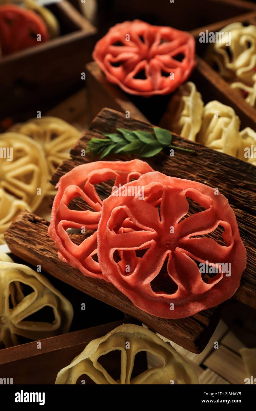 Kue Kembang Goyang. Rosette shaped rice crackers from Betawi cuisine, Jakarta Stock Photo