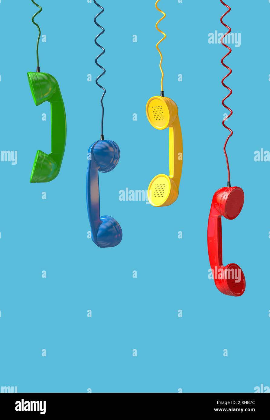 Different colored telephone receiver of the emergency call hangs down