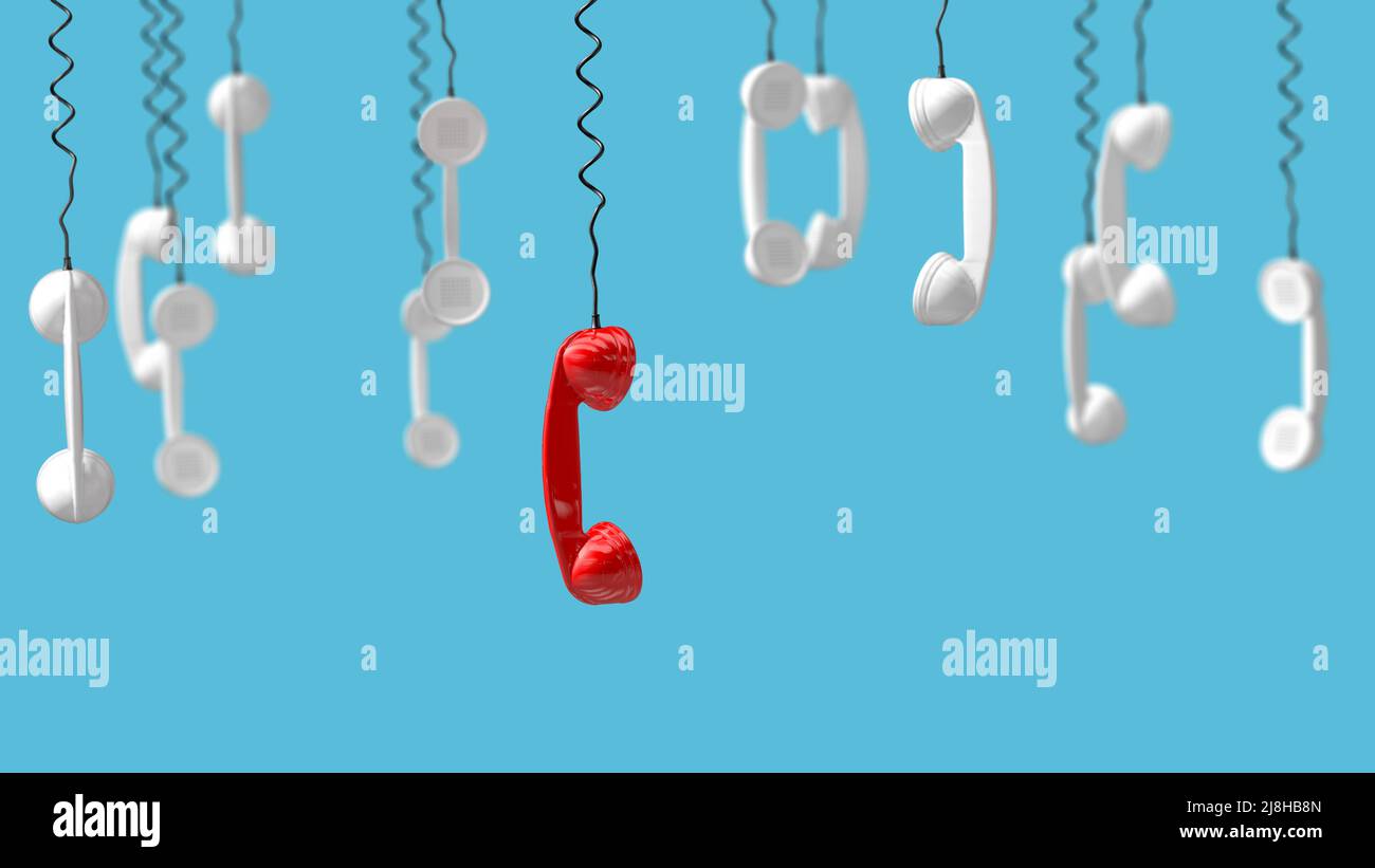 Red telephone receiver of the emergency call hangs down from above - 3d illustration Stock Photo