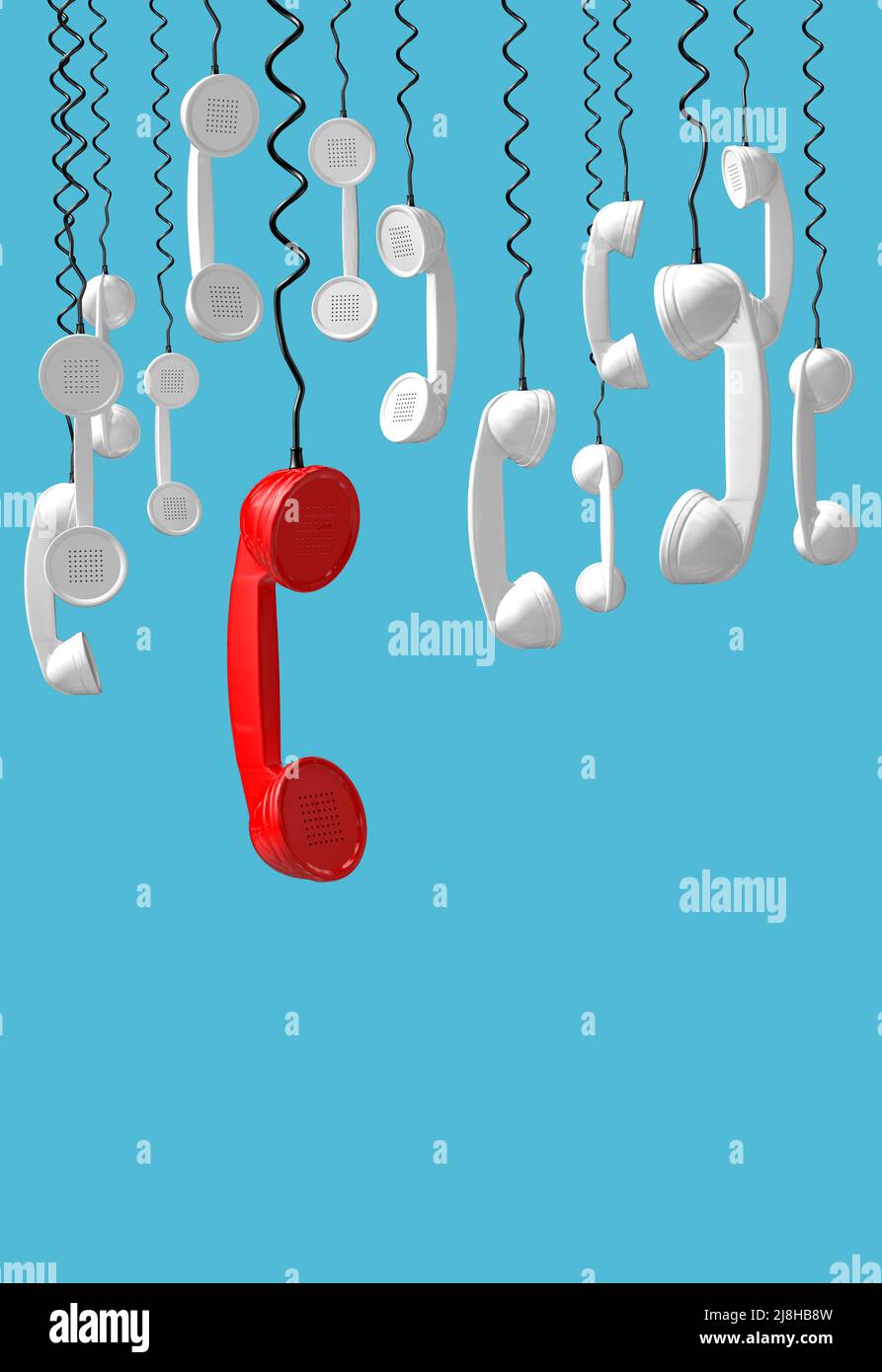 Red telephone receiver of the emergency call hangs down from above - 3d illustration Stock Photo