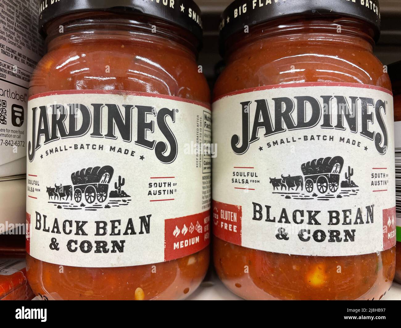Grovetown, Ga USA - 02 15 22: Retail store shelf Jardines black bean salsa Stock Photo