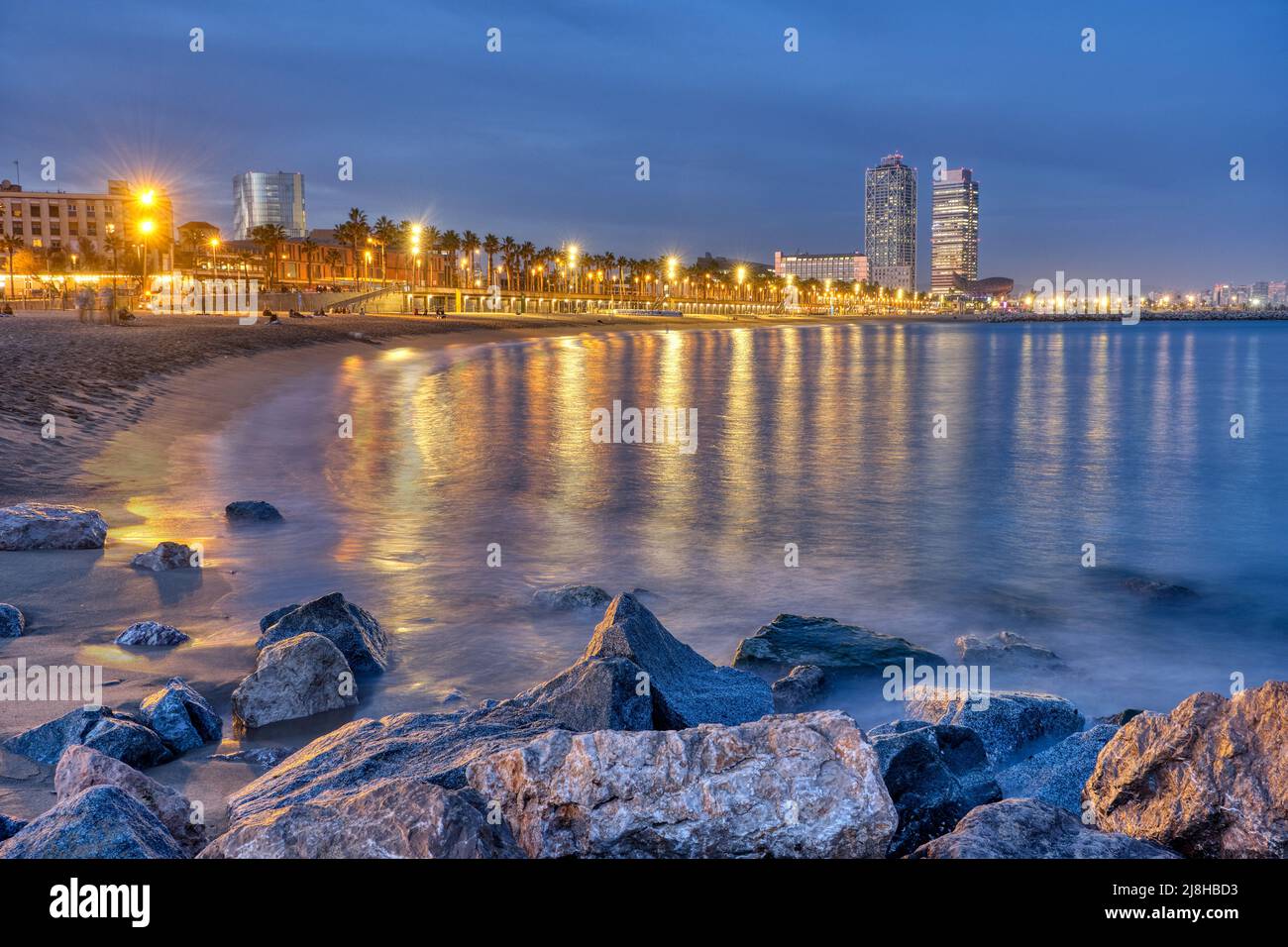 The beach of Barcelona in Spain at night Stock Photo