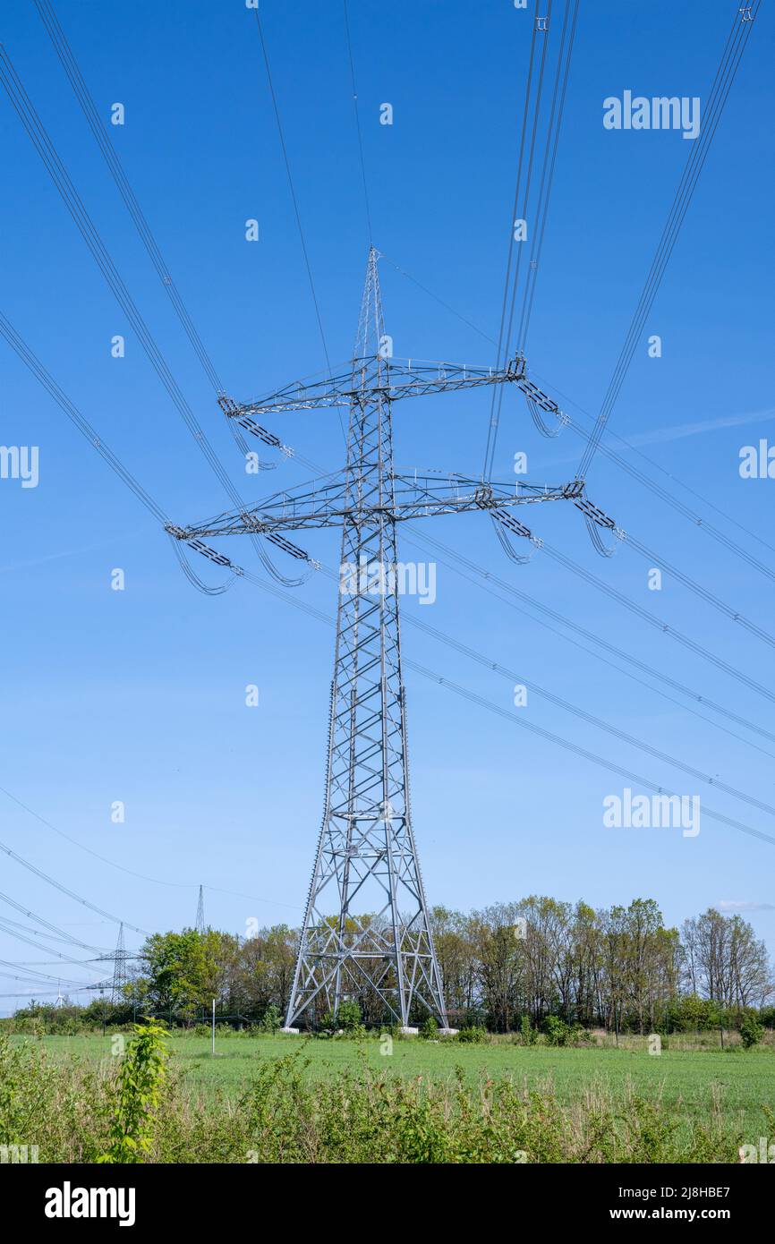 An electricity pylon with power lines seen in Germany Stock Photo