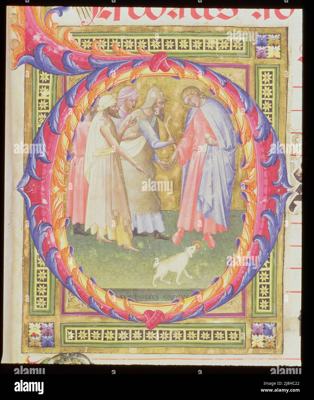 Ms 518 f.1r Historiated initial 'O' depicting Tobias and the Angel (vellum) by Bartolomeo di Frusino (c.1366-1441); Museo di San Marco, Florence, Italy; Italian,  out of copyright. Stock Photo