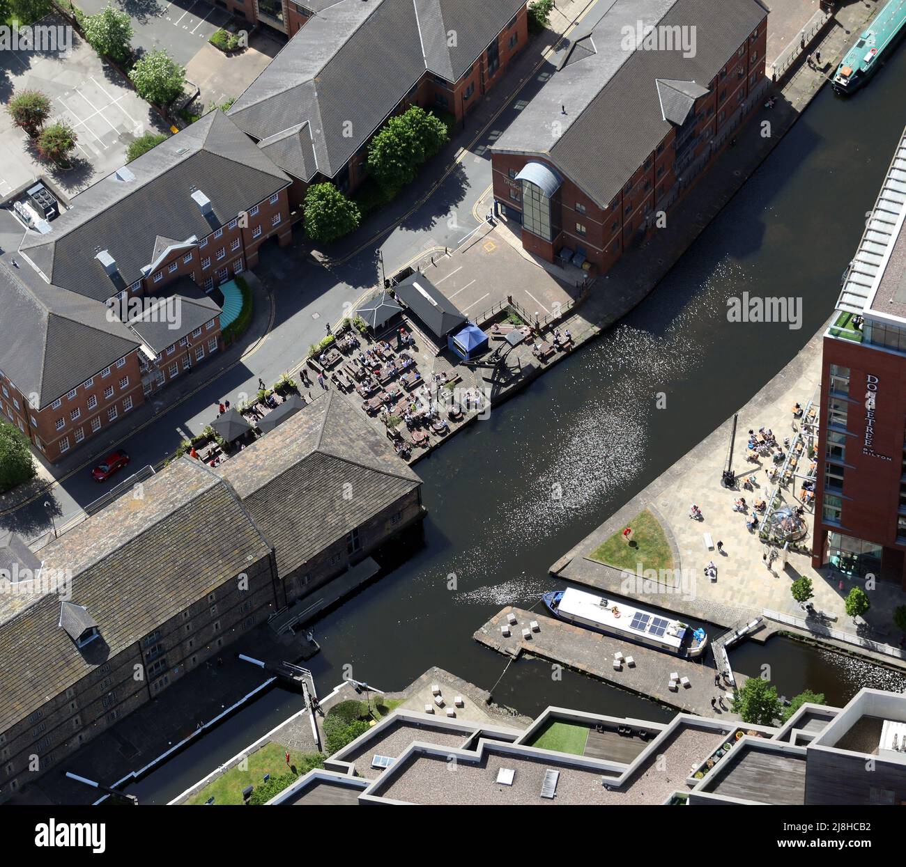 aerial view of The Boathouse Pub in Leeds city centre on a sunny day, West Yorkshire, UK Stock Photo