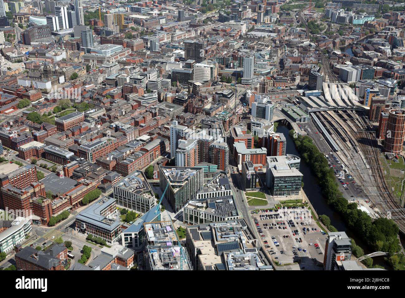 aerial view of Leeds city centre from the west with Wellington Street & Leeds Station prominent, West Yorkshire, UK Stock Photo