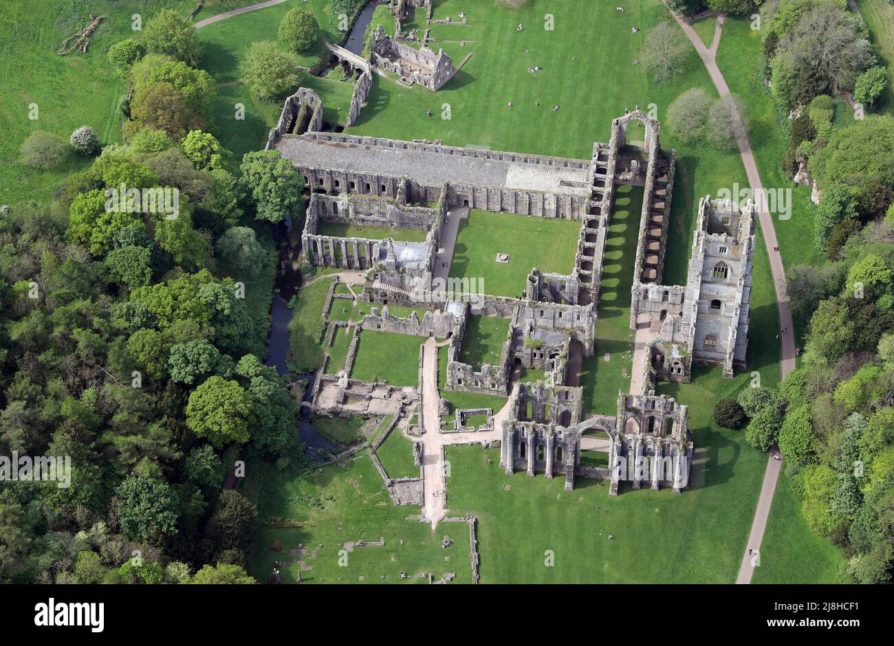aerial view of Fountains Abbey (take from over 1500') near Ripon, North Yorkshire Stock Photo