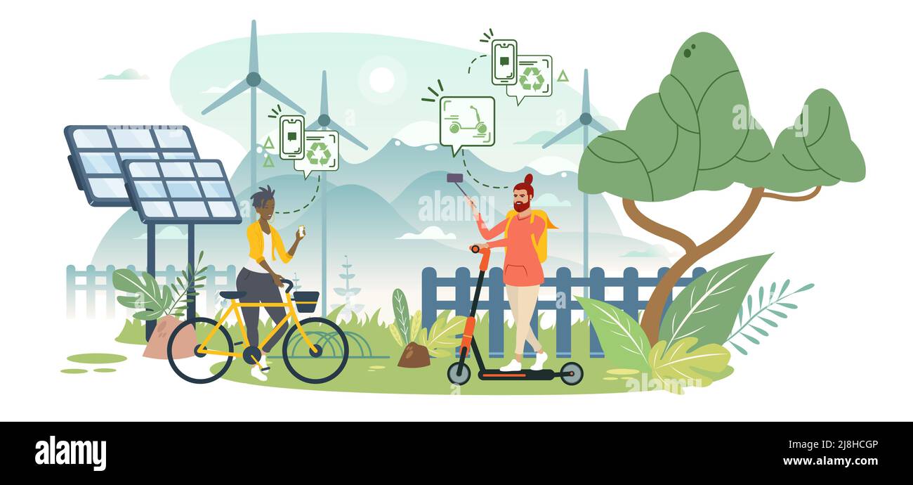 Electric transportation. Characters driving bike and scooter. Eco friendly vehicle concept. Vector illustration. Stock Vector