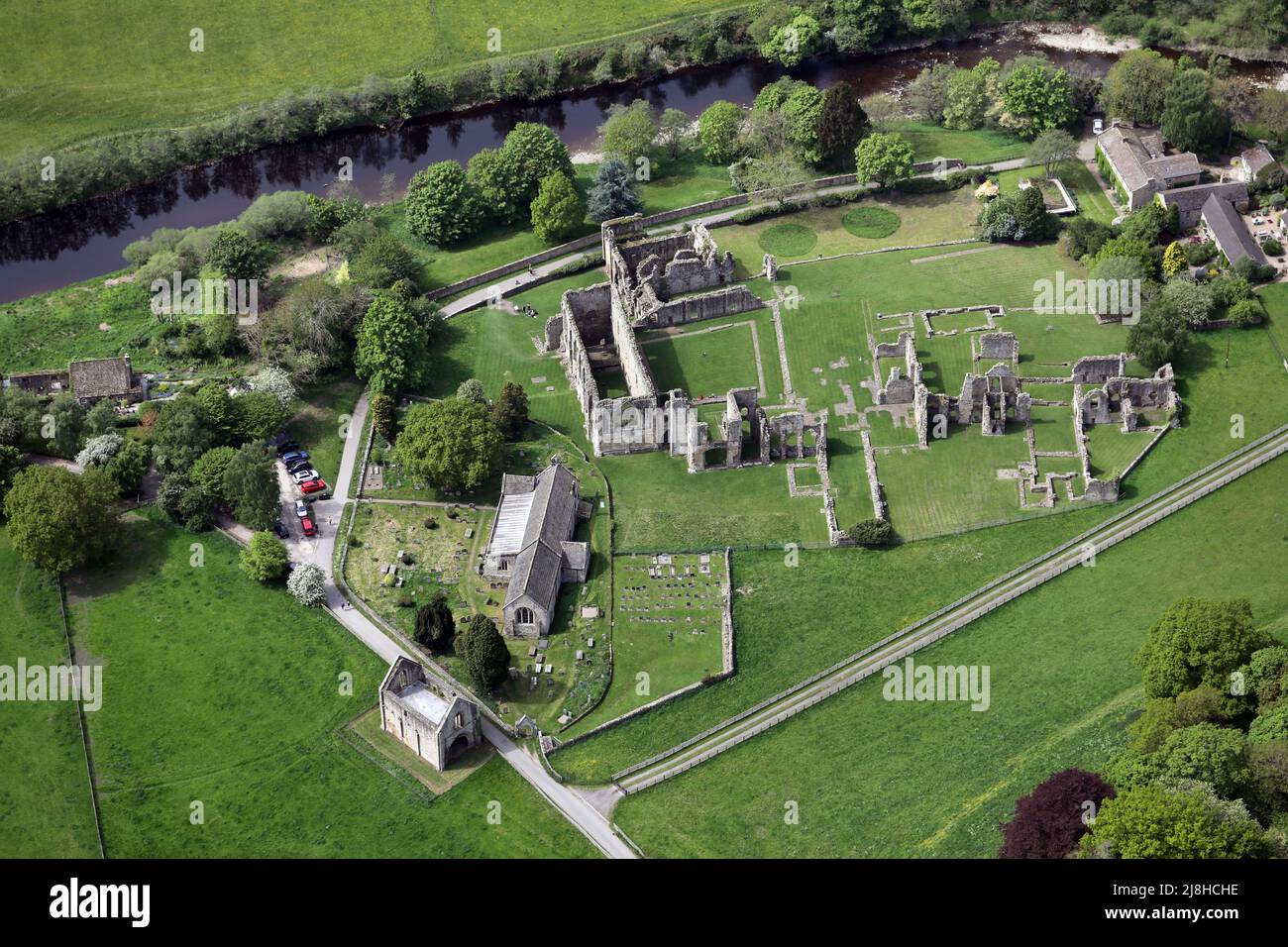 aerial view of Easby Abbey, the ruins of a former abbey near Richmond, North Yorkshire Stock Photo