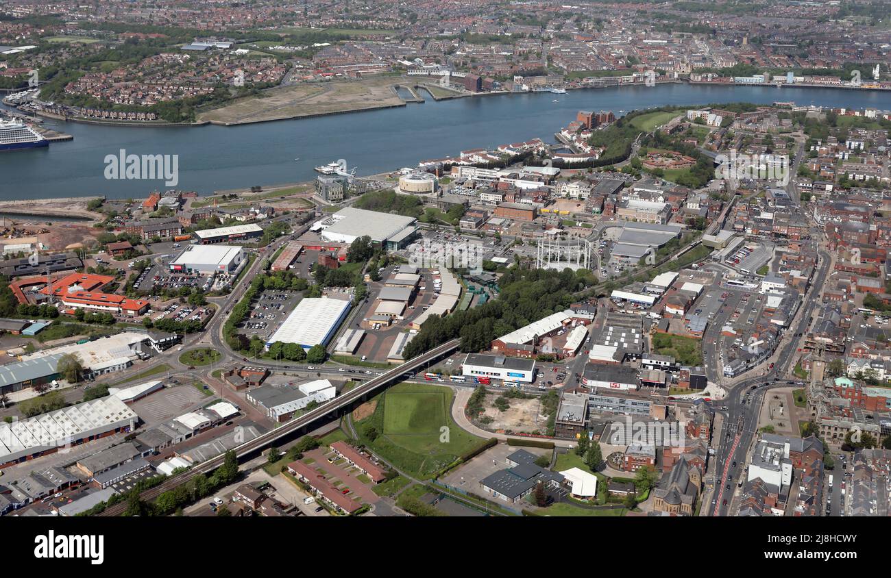 Aerial view of South Shields, Tyne & Wear. Asda Superstore & Wickes prominent and the River Tyne to the North. Stock Photo