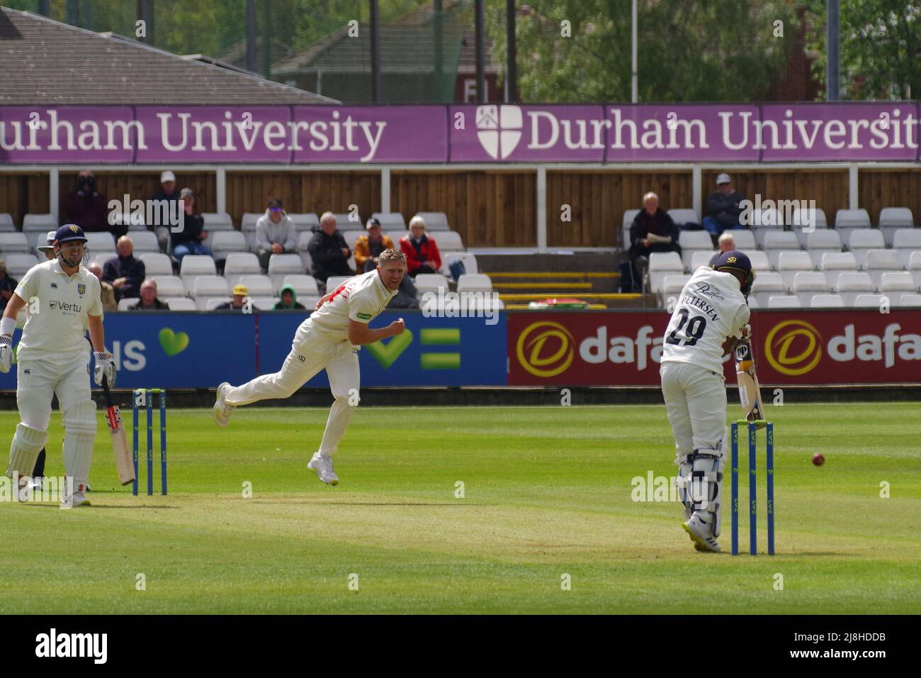 Chester le Street, England, 12 May 2022. Timm van der Gugten bowling to Keegan Petersen on the first day of the County Championship Division 2 match between Durham Cricket and Glamorgan played at the Riverside Ground. Credit Colin Edwards Stock Photo