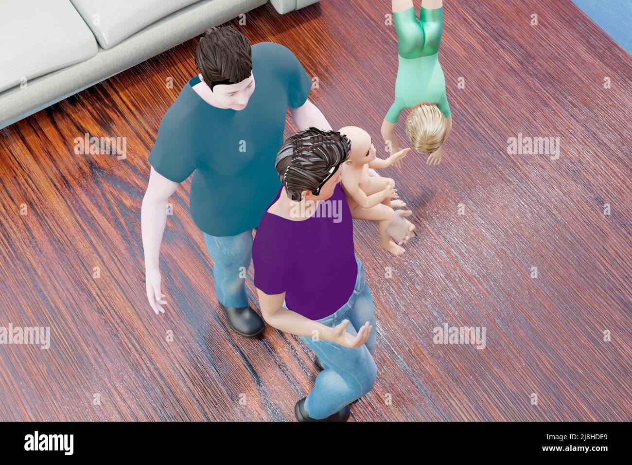 Three-dimensional rendering of a brother doing acrobatics at home so that his sister applauds him while the dad carries the daughter and the father to Stock Photo