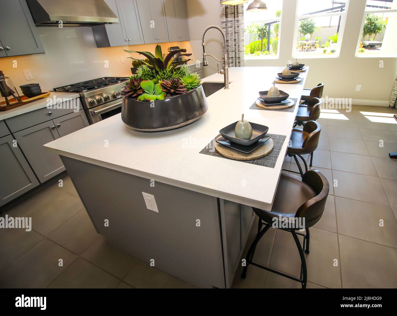Kitchen Island Counter Top With Sink, Large Plant And Four Place