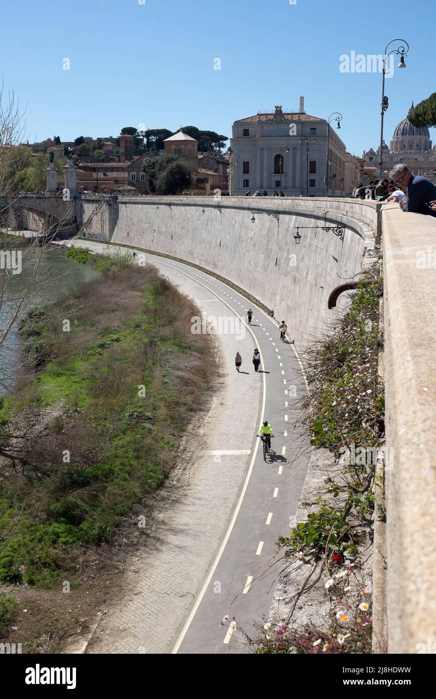 Cycle and Running Path alongside River Tiber in Rome Italy Stock Photo