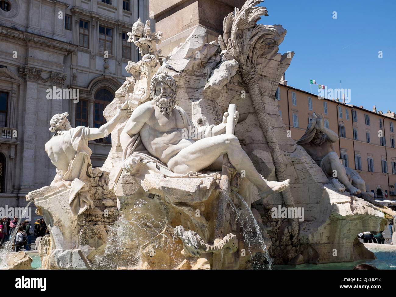 Four Rivers Fountain or Fontana dei Quattro Fiumi at Piazza Navona in Rome Italy Stock Photo
