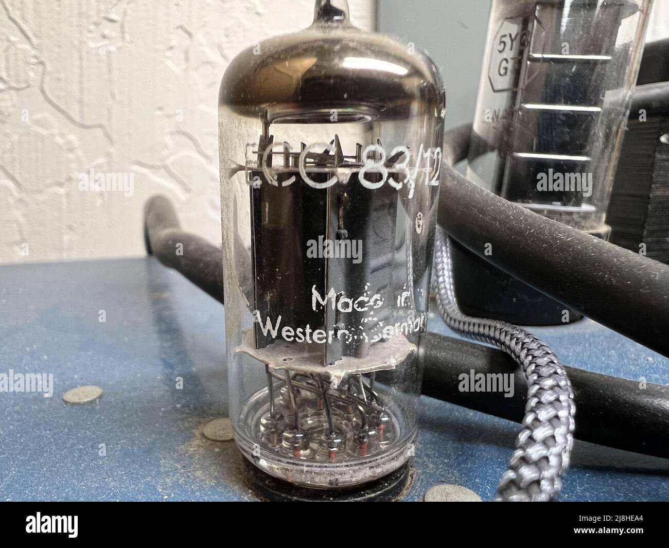 Close-up of a Westinghouse Electric brand vacuum tube on a tube amplifier, Lafayette, California, February 16, 2022. Photo courtesy Tech Trends. Stock Photo