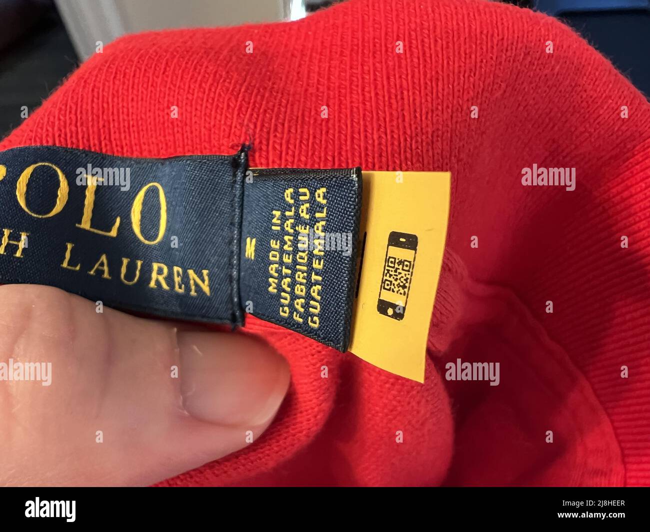A QR code is sewn into the label of a garment from Ralph Lauren, providing  care instructions via a phone camera scan, Lafayette, California, February  17, 2022. Photo courtesy Tech Trends Stock