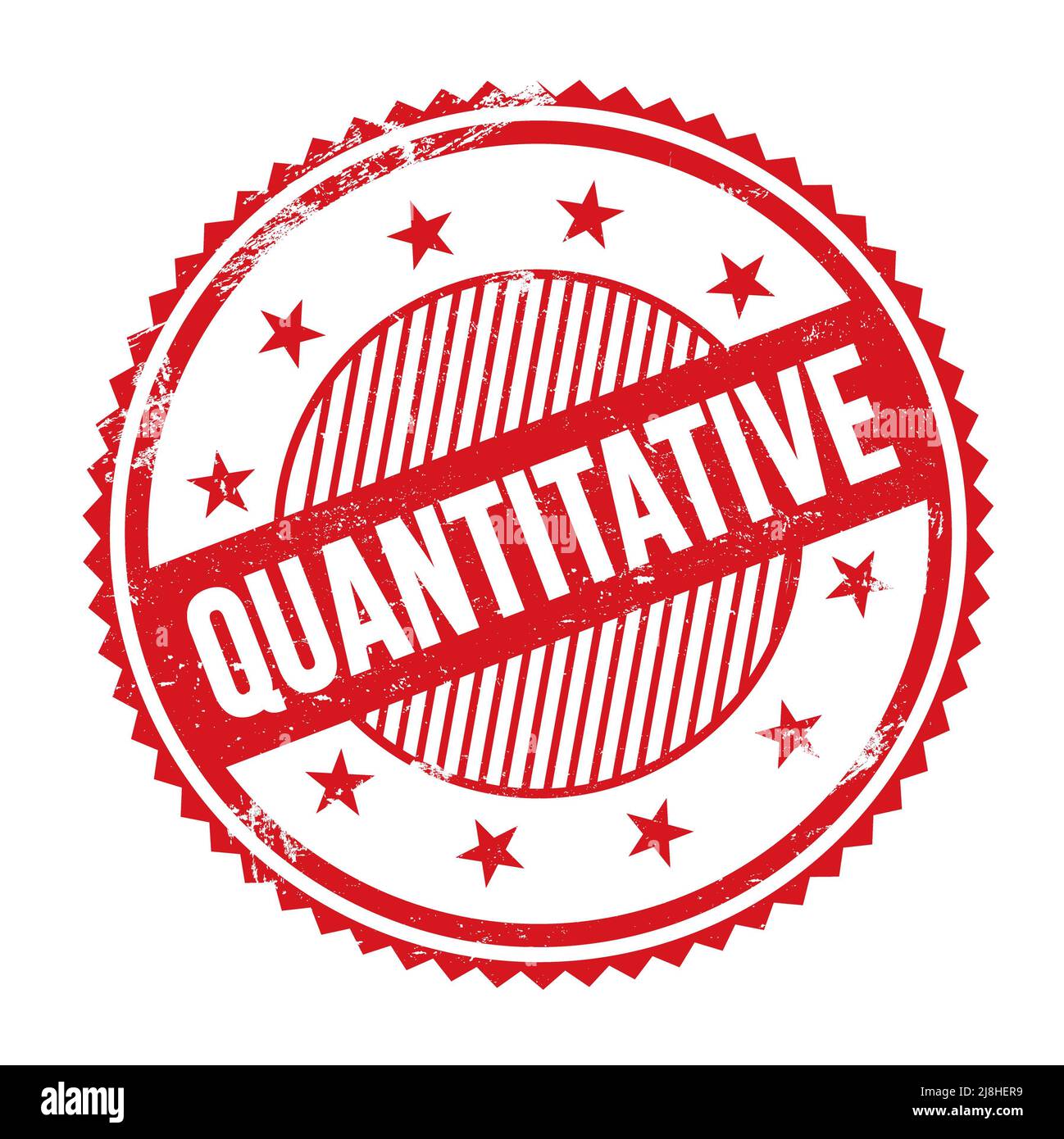 QUANTITATIVE text written on red grungy zig zag borders round stamp ...