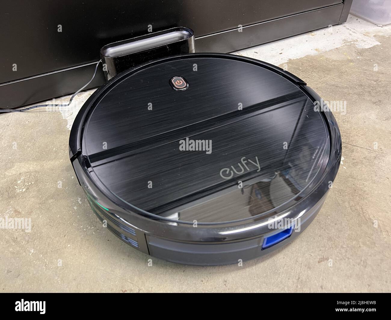 Eufy Robovac robotic vacuum cleaner from Anker in charger in domestic room, Lafayette, California, March 4, 2022. Photo courtesy Tech Trends. Stock Photo