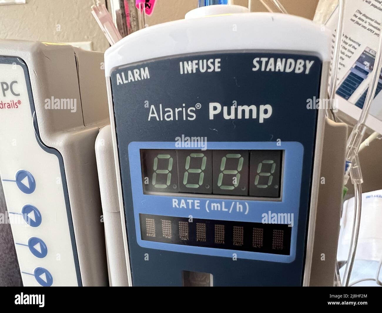 Alaris IV infusion pump in a hospital in San Francisco, California, March 17, 2022. Photo courtesy Tech Trends. Stock Photo