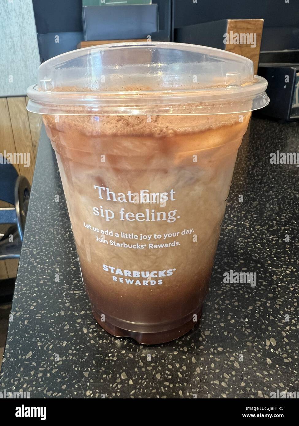 Closeup of Iced Chocolate Almondmilk Shaken Espresso at Starbucks in