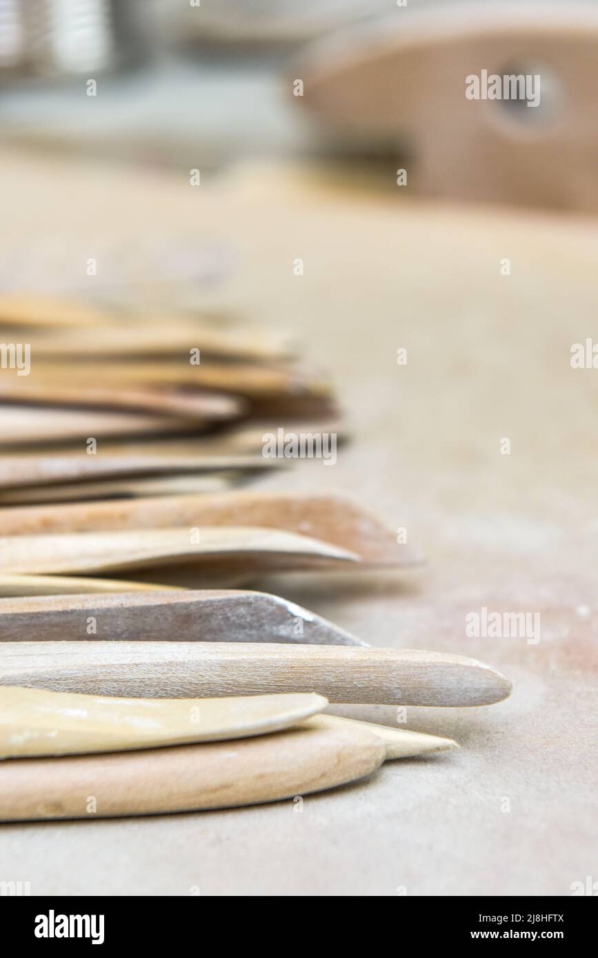 Wooden pottery tools set on a ceramics studio background Stock Photo Alamy