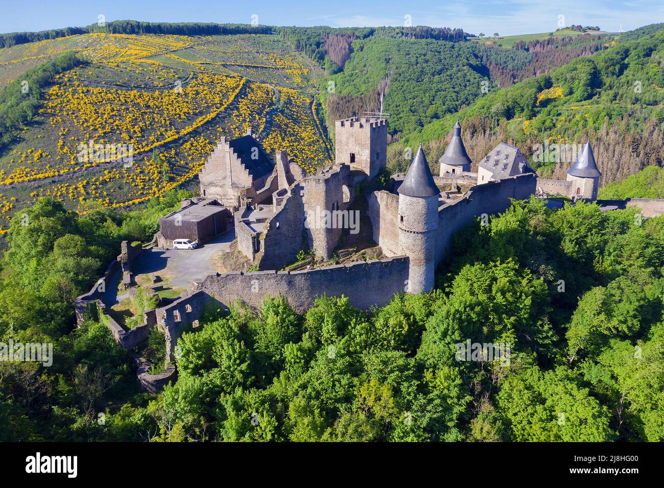 Castle Bourscheid, medieval castle complex at Bourscheid, Diekirch district, Ardennes, Luxembourg, Europe, Stock Photo