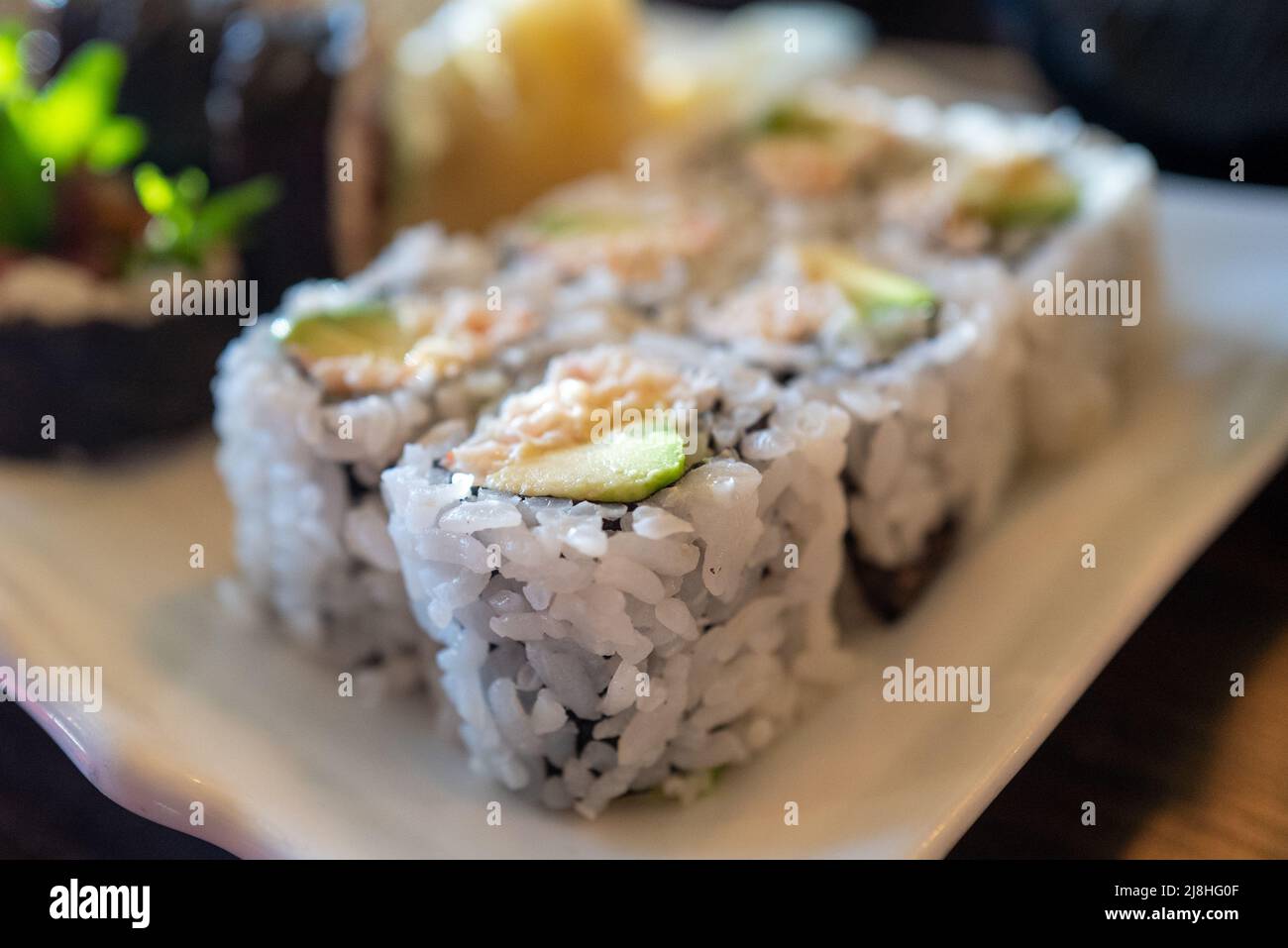 Close-up of California roll sushi roll at Blue Gingko restaurant in Lafayette, California, February 28, 2022. Photo courtesy Sftm. Stock Photo