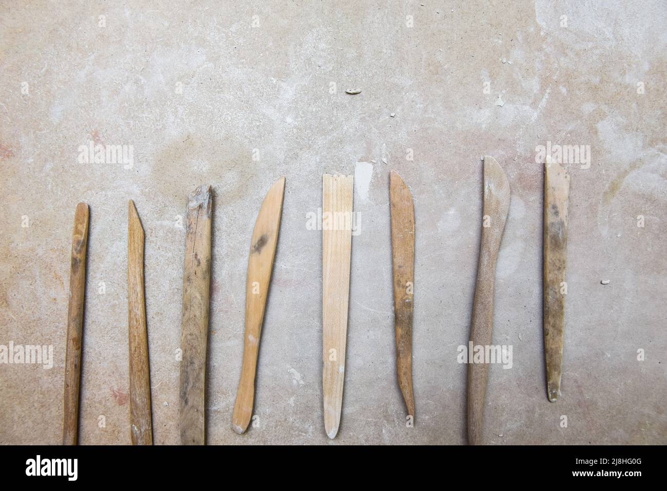 Wooden pottery tools set on a ceramics studio background Stock Photo Alamy