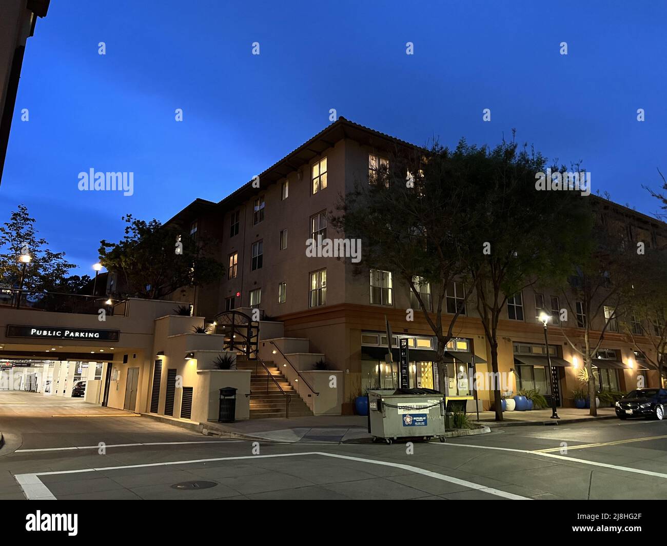 Night view of Avalon Apartments and parking areas at Contra Costa Center, Pleasant Hill, California, April 13, 2022. Photo courtesy Sftm. Stock Photo