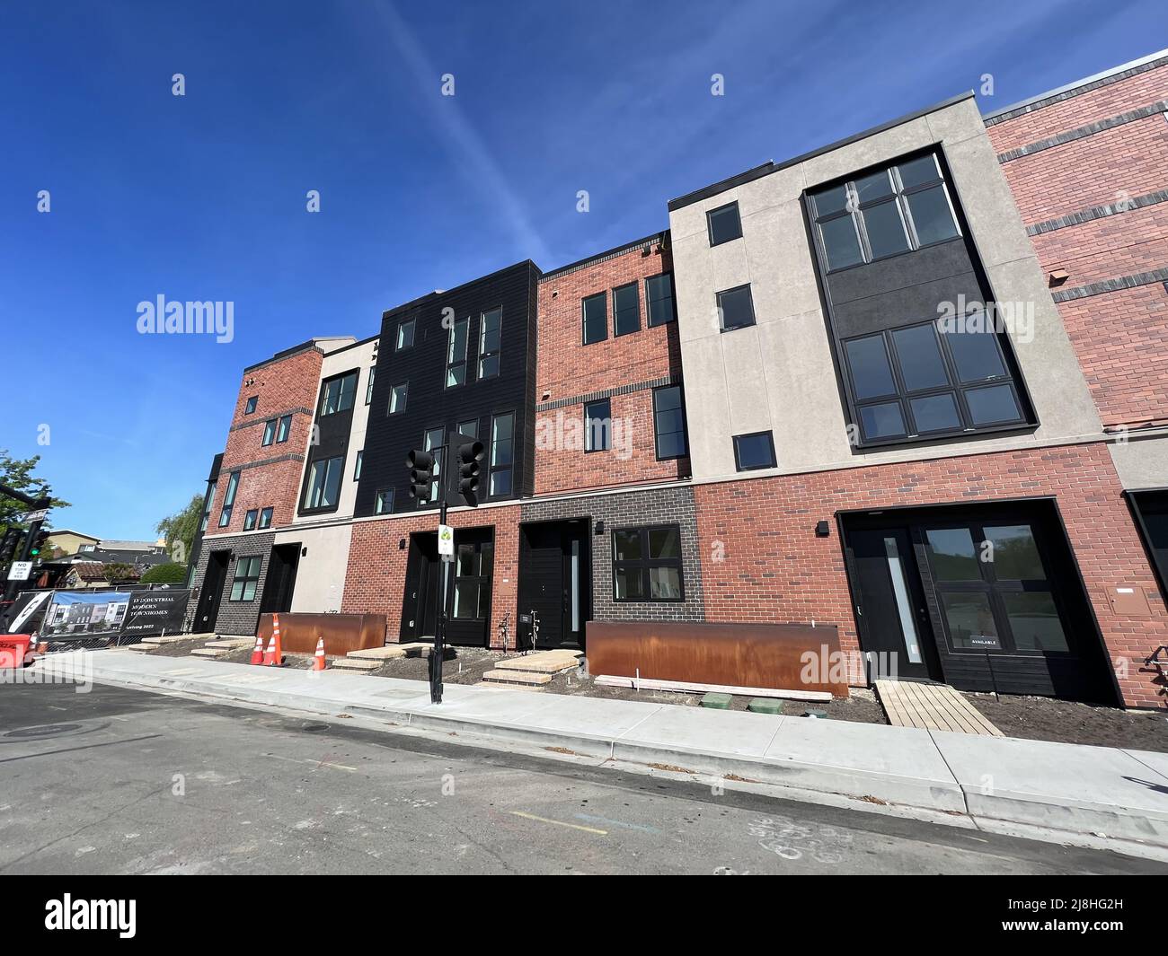 Newly constructed townhomes in downtown Lafayette, California, part of the Mill on Brown development, April 10, 2022. Photo courtesy Sftm. Stock Photo