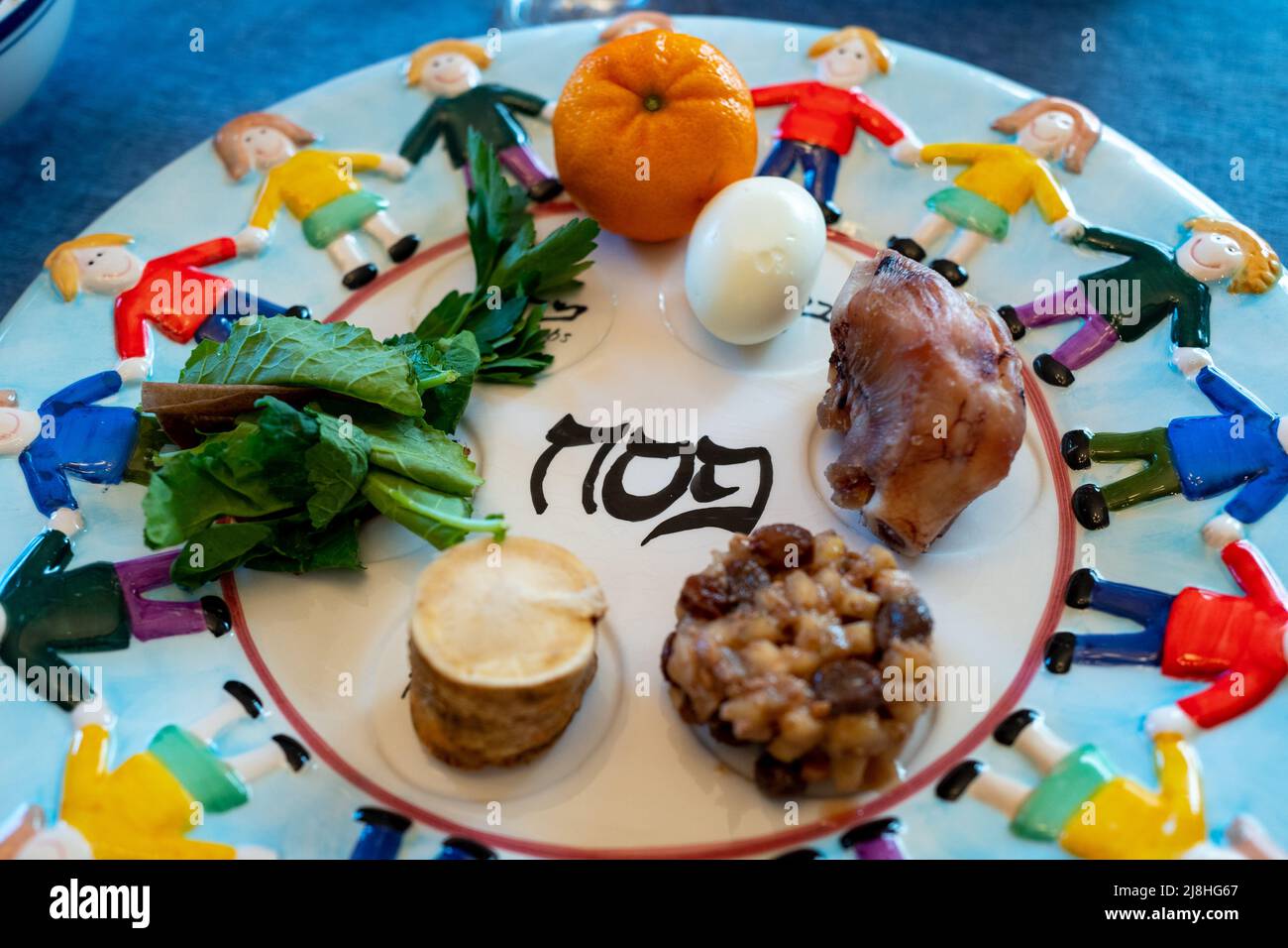 Close-up of ritual items on a Passover Seder plate during the Jewish holiday of Passover, Lafayette, California, April 16, 2022. Photo courtesy Sftm. Stock Photo